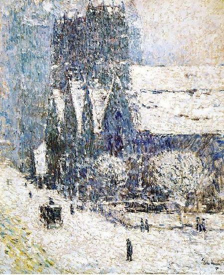 Painting, oil on canvas, of Calvary Church, Childe Hassam